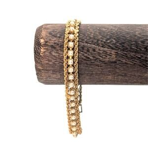 Vintage Gold Tone Double Rope Chain Seed Pearl Fold Over Clasp Bracelet